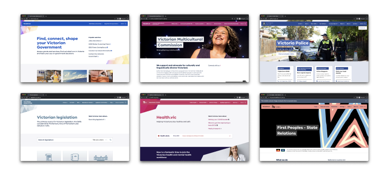 Screenshots of websites using SDP, vic.gov.au, police.vic.gov.au, health.vic.gov.au, legislation.vic.gov.au