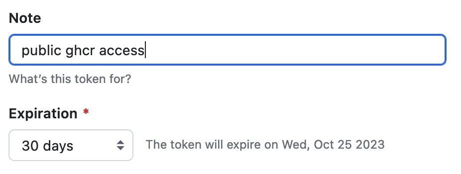 Screenshot of personal access token setup form, with 'Note' filled in as 'public ghcr access' and 'Expiration' set to default of 30 days